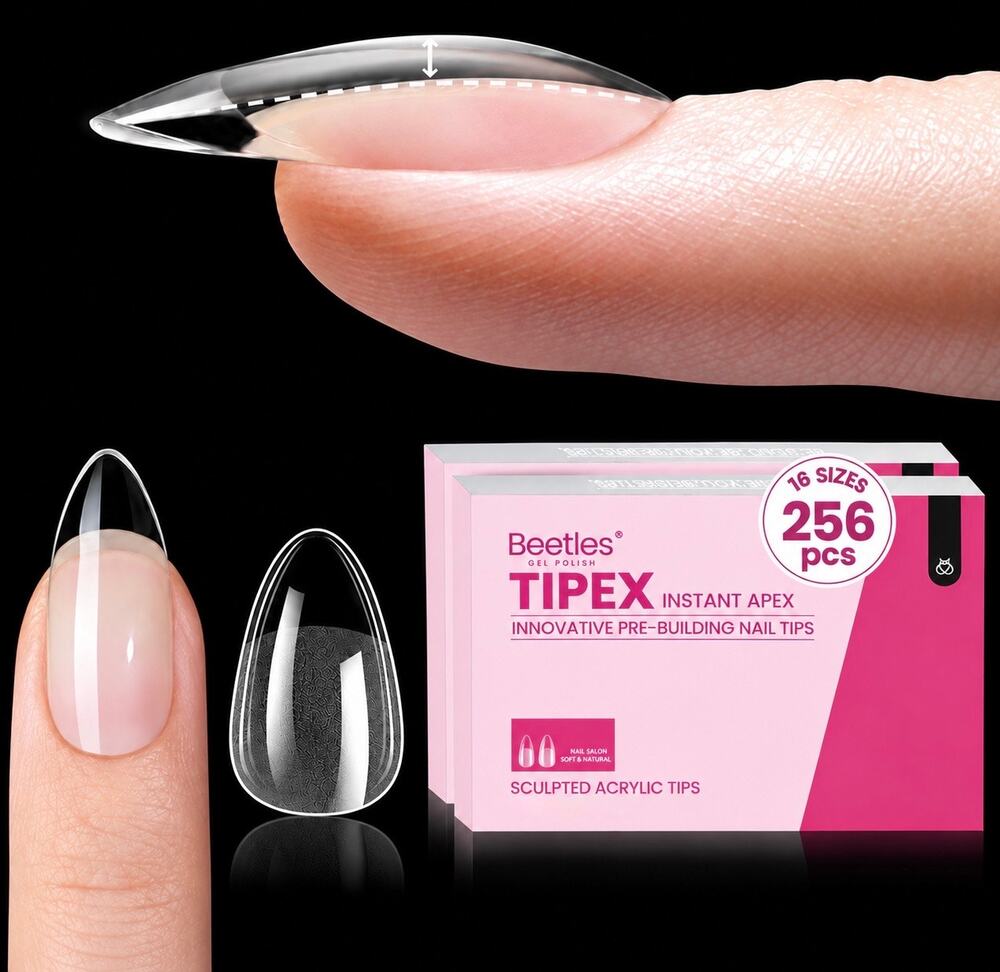 Beetles Tipex Instant Apex Nail Tips, Short Almond, 256 tips 16 Sizes (00-14)